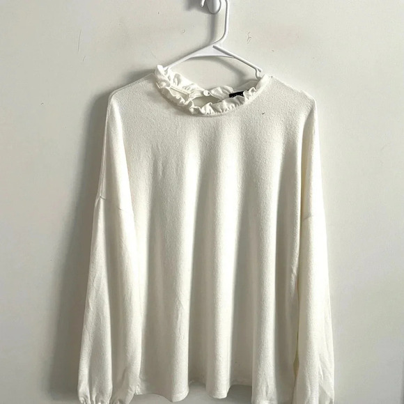 Gibson Look White Soft Ruffle Neck Long Sleeve Top L - Picture 2 of 6